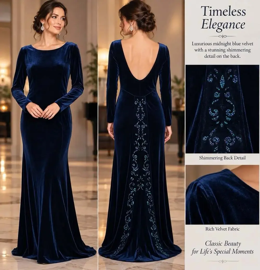 Vintage Midnight Blue Velvet Gown 14 Shimmer Open Back Formal Maxi Elegant